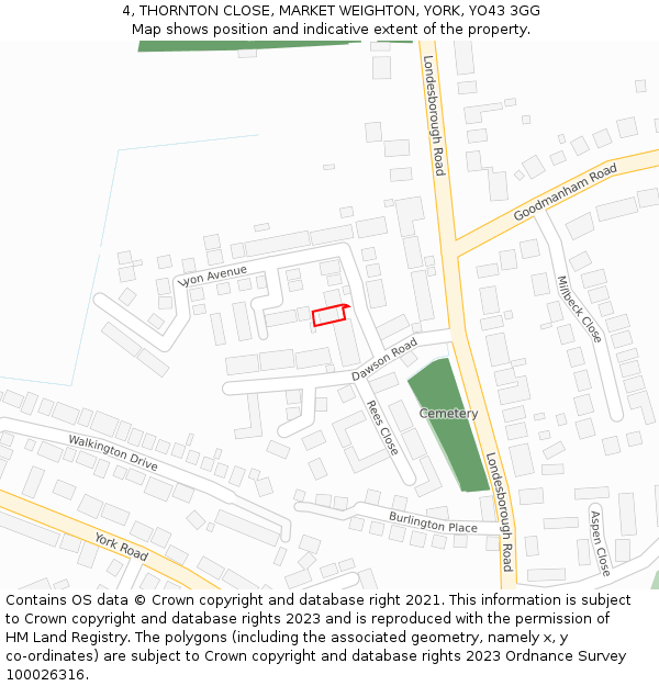 4, THORNTON CLOSE, MARKET WEIGHTON, YORK, YO43 3GG: Location map and indicative extent of plot