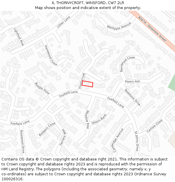 4, THORNYCROFT, WINSFORD, CW7 2LR: Location map and indicative extent of plot