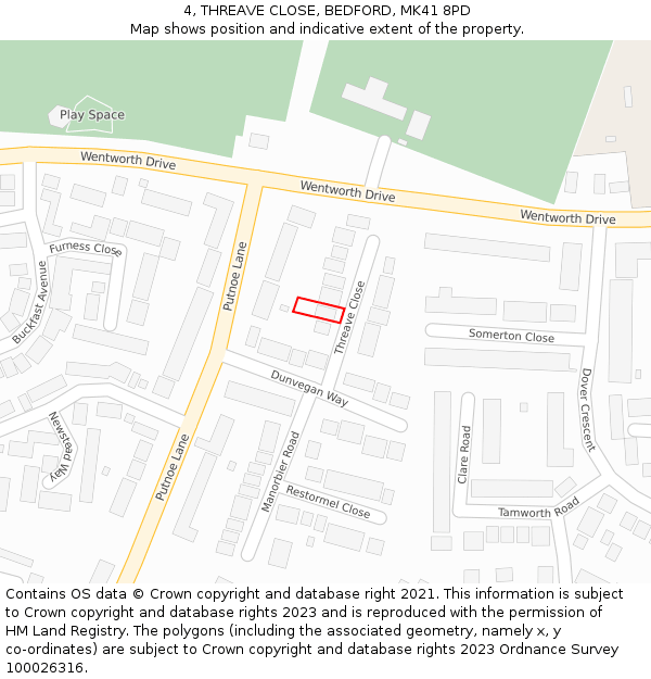 4, THREAVE CLOSE, BEDFORD, MK41 8PD: Location map and indicative extent of plot