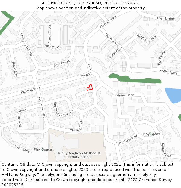 4, THYME CLOSE, PORTISHEAD, BRISTOL, BS20 7JU: Location map and indicative extent of plot