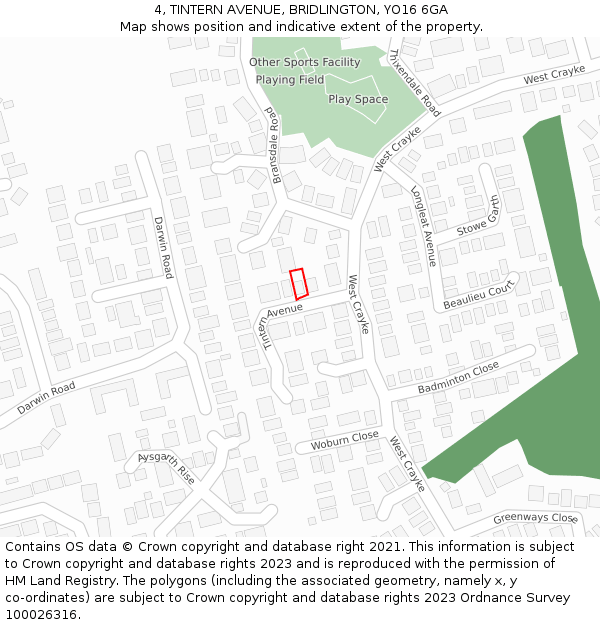 4, TINTERN AVENUE, BRIDLINGTON, YO16 6GA: Location map and indicative extent of plot