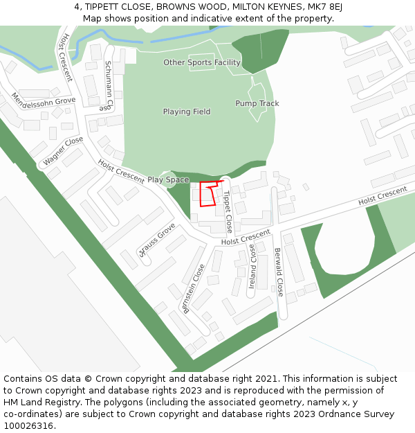 4, TIPPETT CLOSE, BROWNS WOOD, MILTON KEYNES, MK7 8EJ: Location map and indicative extent of plot