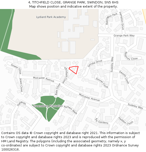 4, TITCHFIELD CLOSE, GRANGE PARK, SWINDON, SN5 6HS: Location map and indicative extent of plot