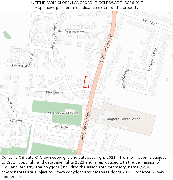 4, TITHE FARM CLOSE, LANGFORD, BIGGLESWADE, SG18 9NE: Location map and indicative extent of plot