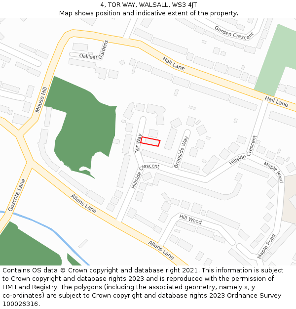 4, TOR WAY, WALSALL, WS3 4JT: Location map and indicative extent of plot