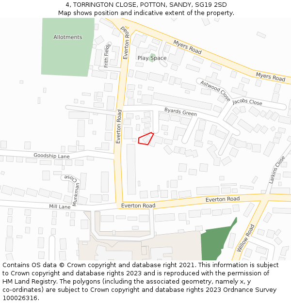 4, TORRINGTON CLOSE, POTTON, SANDY, SG19 2SD: Location map and indicative extent of plot