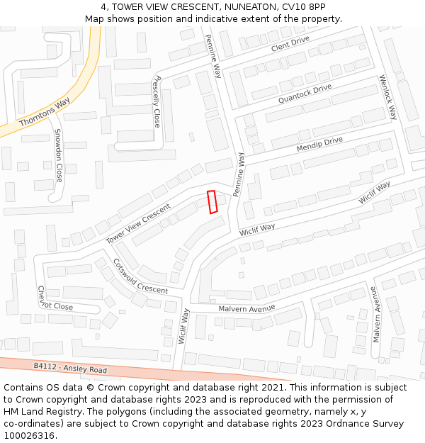 4, TOWER VIEW CRESCENT, NUNEATON, CV10 8PP: Location map and indicative extent of plot