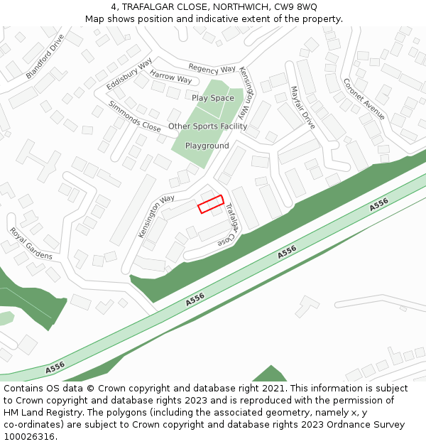 4, TRAFALGAR CLOSE, NORTHWICH, CW9 8WQ: Location map and indicative extent of plot