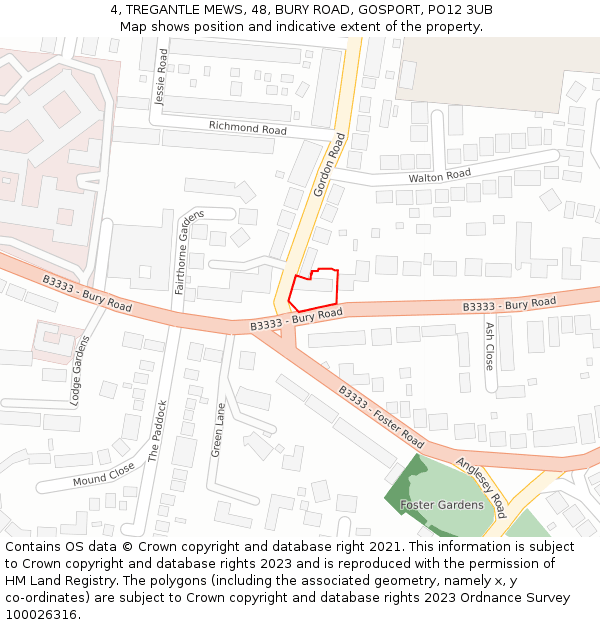 4, TREGANTLE MEWS, 48, BURY ROAD, GOSPORT, PO12 3UB: Location map and indicative extent of plot