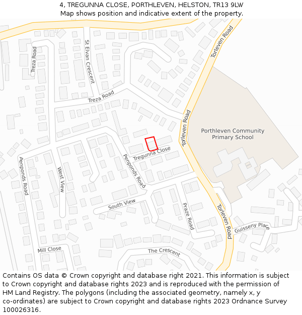 4, TREGUNNA CLOSE, PORTHLEVEN, HELSTON, TR13 9LW: Location map and indicative extent of plot