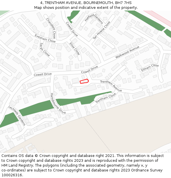 4, TRENTHAM AVENUE, BOURNEMOUTH, BH7 7HS: Location map and indicative extent of plot