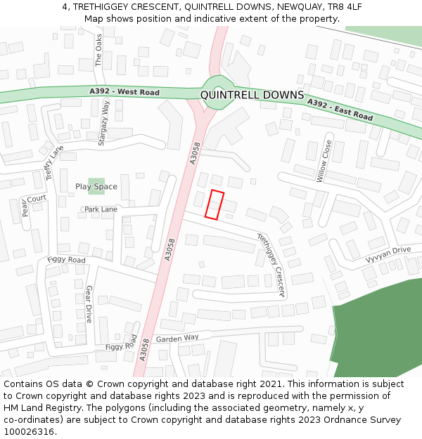 4, TRETHIGGEY CRESCENT, QUINTRELL DOWNS, NEWQUAY, TR8 4LF: Location map and indicative extent of plot