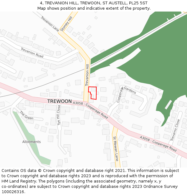 4, TREVANION HILL, TREWOON, ST AUSTELL, PL25 5ST: Location map and indicative extent of plot