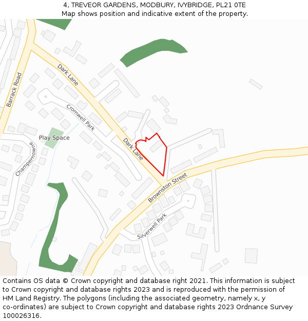 4, TREVEOR GARDENS, MODBURY, IVYBRIDGE, PL21 0TE: Location map and indicative extent of plot