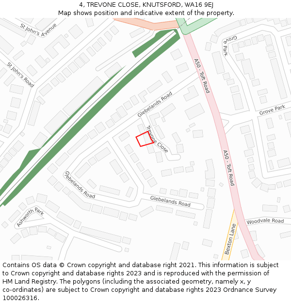 4, TREVONE CLOSE, KNUTSFORD, WA16 9EJ: Location map and indicative extent of plot