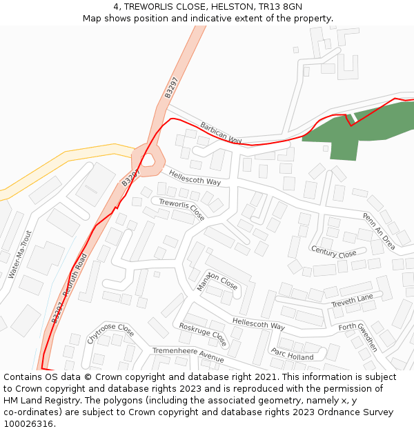 4, TREWORLIS CLOSE, HELSTON, TR13 8GN: Location map and indicative extent of plot