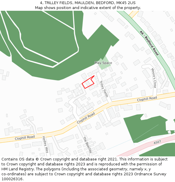 4, TRILLEY FIELDS, MAULDEN, BEDFORD, MK45 2US: Location map and indicative extent of plot