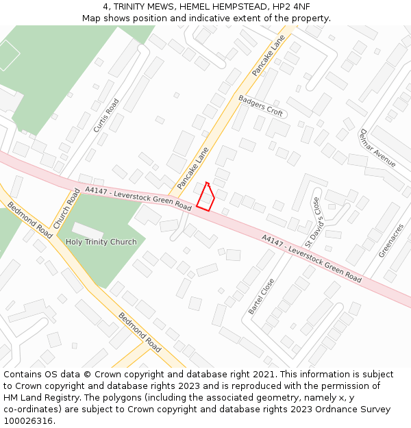 4, TRINITY MEWS, HEMEL HEMPSTEAD, HP2 4NF: Location map and indicative extent of plot