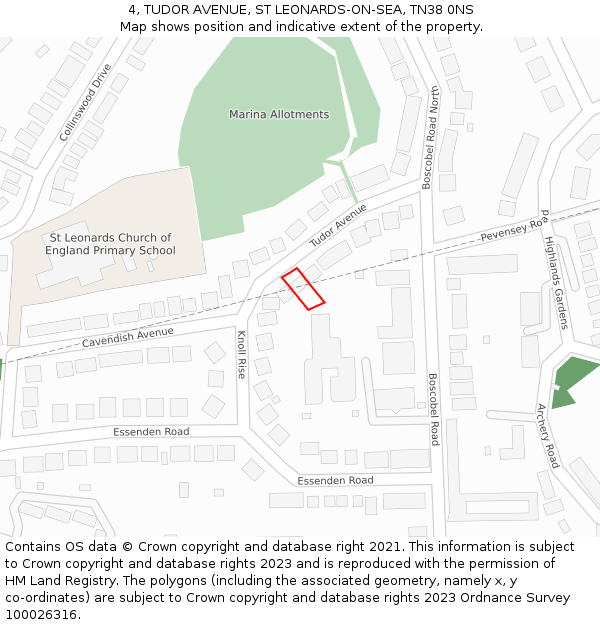 4, TUDOR AVENUE, ST LEONARDS-ON-SEA, TN38 0NS: Location map and indicative extent of plot