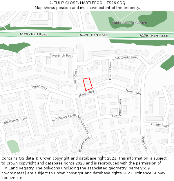 4, TULIP CLOSE, HARTLEPOOL, TS26 0DQ: Location map and indicative extent of plot
