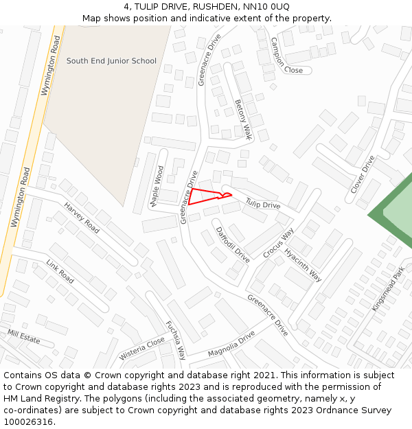 4, TULIP DRIVE, RUSHDEN, NN10 0UQ: Location map and indicative extent of plot