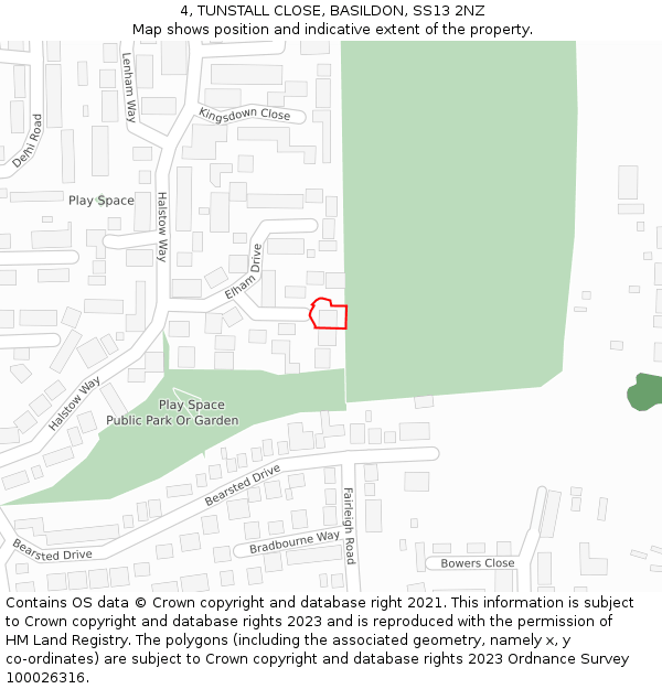 4, TUNSTALL CLOSE, BASILDON, SS13 2NZ: Location map and indicative extent of plot