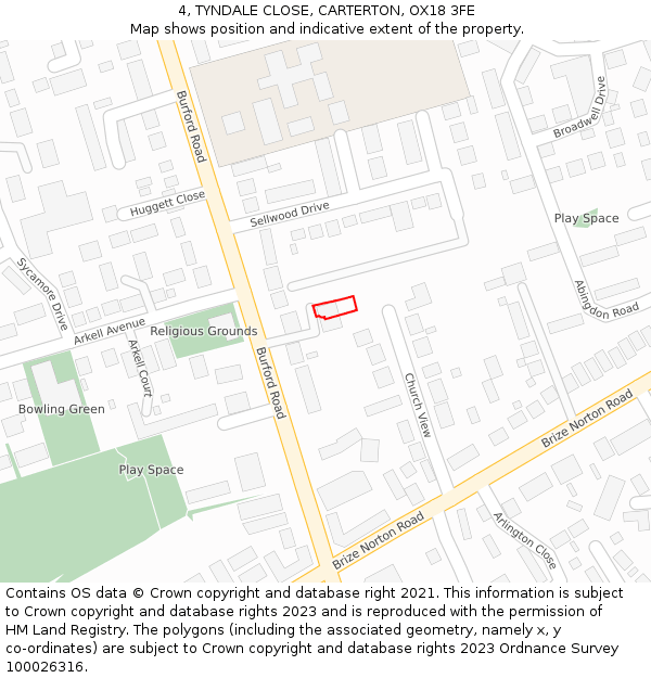 4, TYNDALE CLOSE, CARTERTON, OX18 3FE: Location map and indicative extent of plot