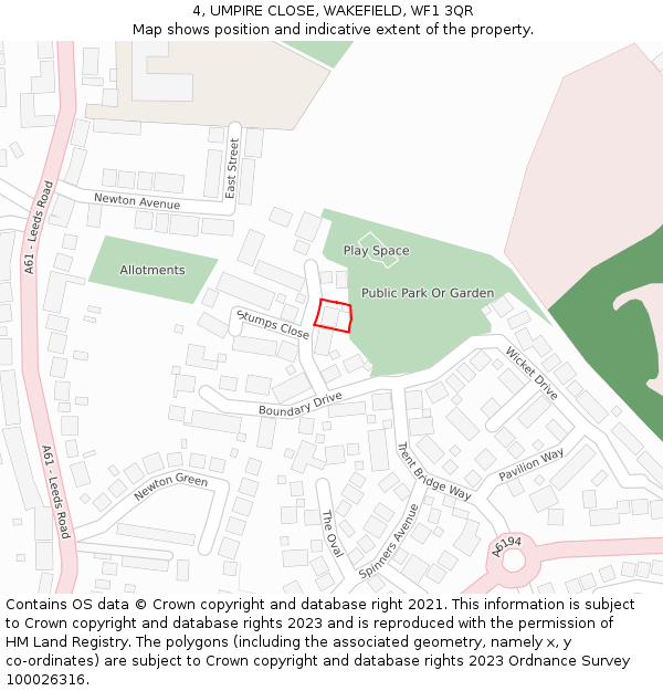 4, UMPIRE CLOSE, WAKEFIELD, WF1 3QR: Location map and indicative extent of plot