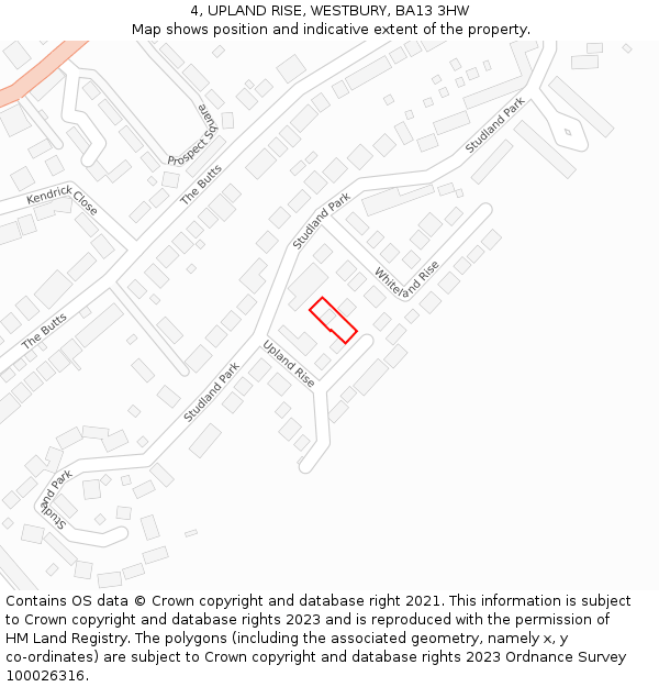 4, UPLAND RISE, WESTBURY, BA13 3HW: Location map and indicative extent of plot