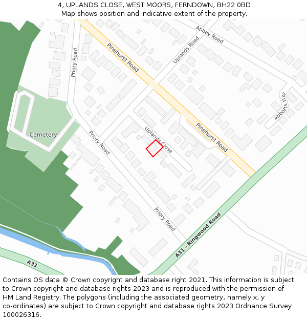 4, UPLANDS CLOSE, WEST MOORS, FERNDOWN, BH22 0BD: Location map and indicative extent of plot