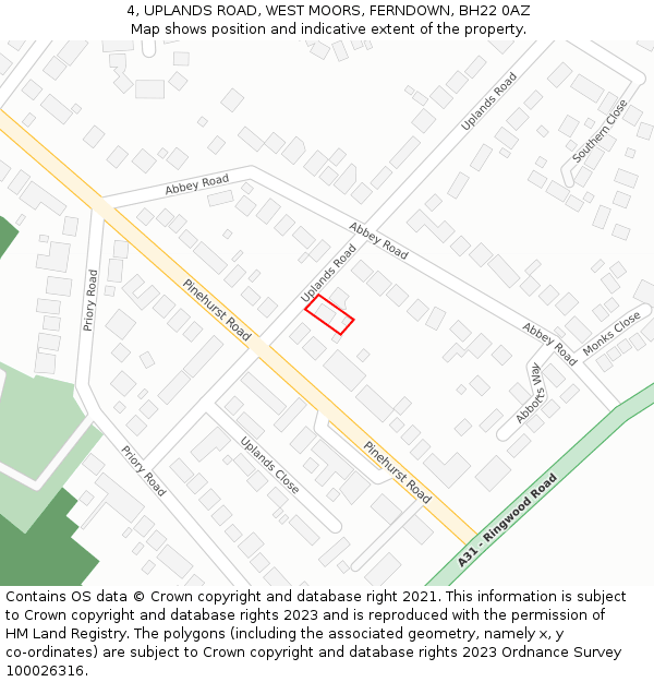 4, UPLANDS ROAD, WEST MOORS, FERNDOWN, BH22 0AZ: Location map and indicative extent of plot