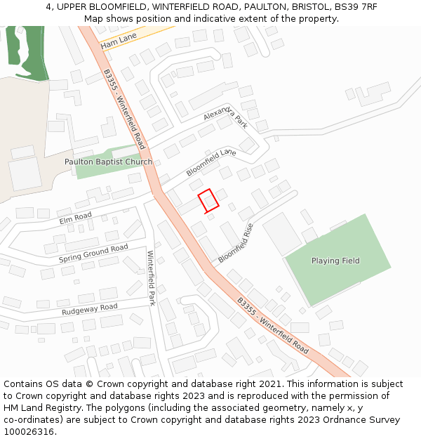 4, UPPER BLOOMFIELD, WINTERFIELD ROAD, PAULTON, BRISTOL, BS39 7RF: Location map and indicative extent of plot