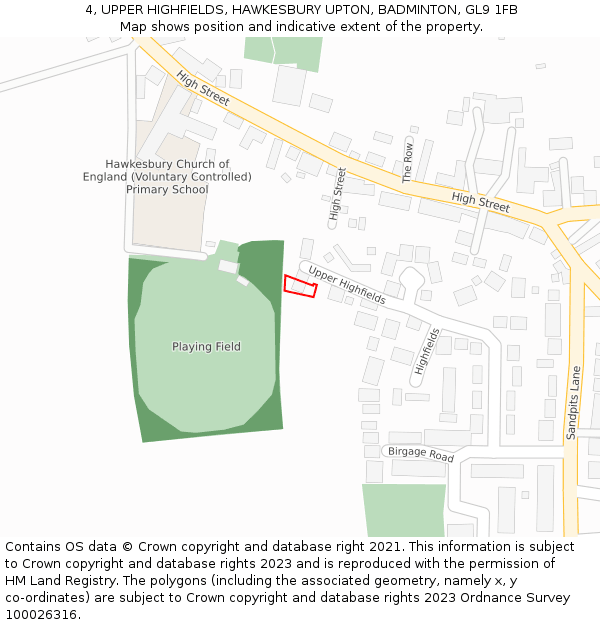 4, UPPER HIGHFIELDS, HAWKESBURY UPTON, BADMINTON, GL9 1FB: Location map and indicative extent of plot
