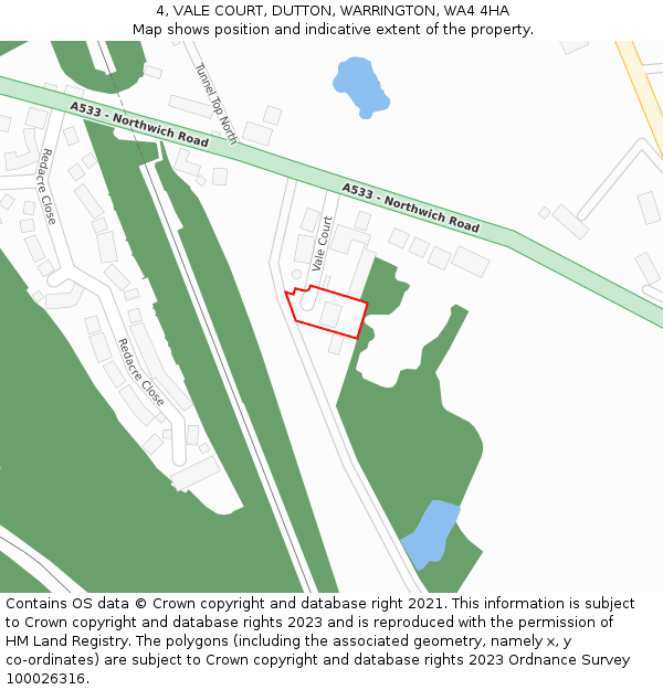 4, VALE COURT, DUTTON, WARRINGTON, WA4 4HA: Location map and indicative extent of plot