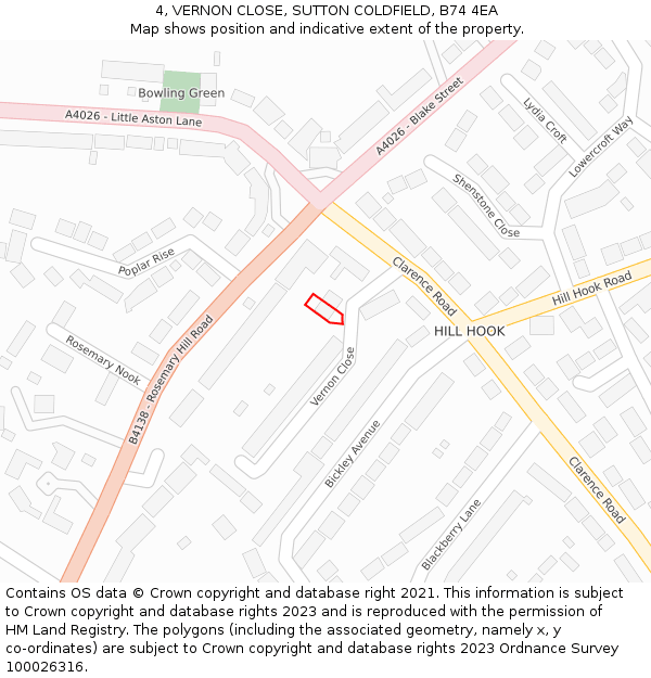 4, VERNON CLOSE, SUTTON COLDFIELD, B74 4EA: Location map and indicative extent of plot
