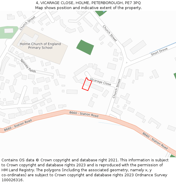 4, VICARAGE CLOSE, HOLME, PETERBOROUGH, PE7 3PQ: Location map and indicative extent of plot