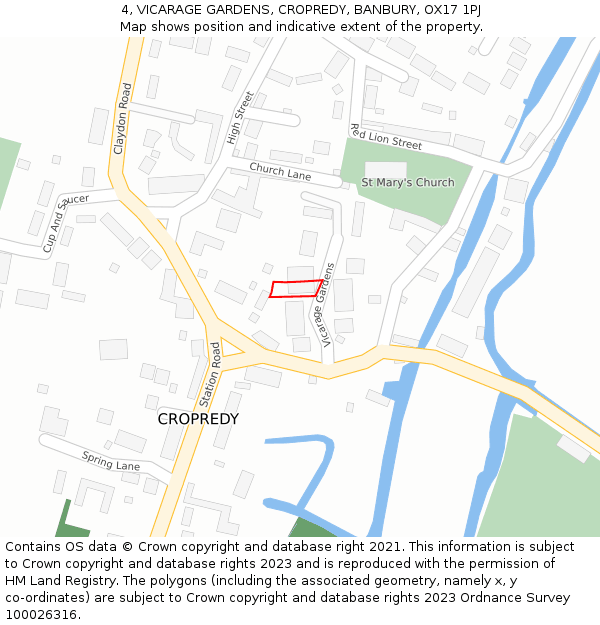 4, VICARAGE GARDENS, CROPREDY, BANBURY, OX17 1PJ: Location map and indicative extent of plot