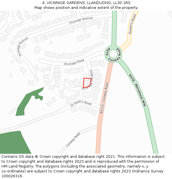 4, VICARAGE GARDENS, LLANDUDNO, LL30 1RG: Location map and indicative extent of plot