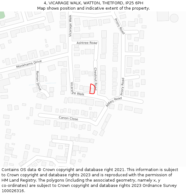 4, VICARAGE WALK, WATTON, THETFORD, IP25 6PH: Location map and indicative extent of plot