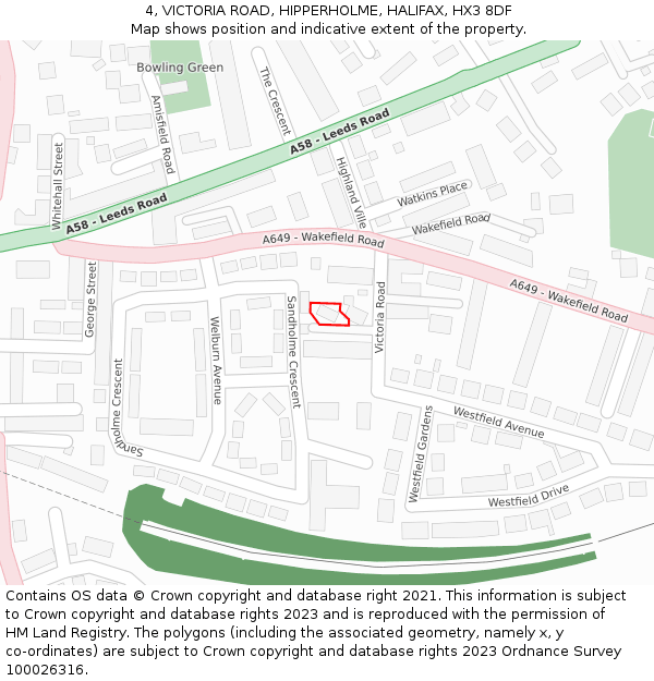 4, VICTORIA ROAD, HIPPERHOLME, HALIFAX, HX3 8DF: Location map and indicative extent of plot