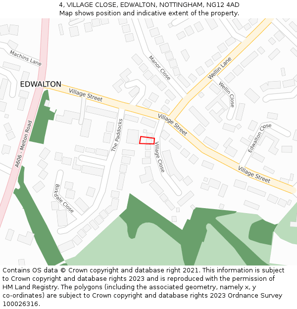 4, VILLAGE CLOSE, EDWALTON, NOTTINGHAM, NG12 4AD: Location map and indicative extent of plot