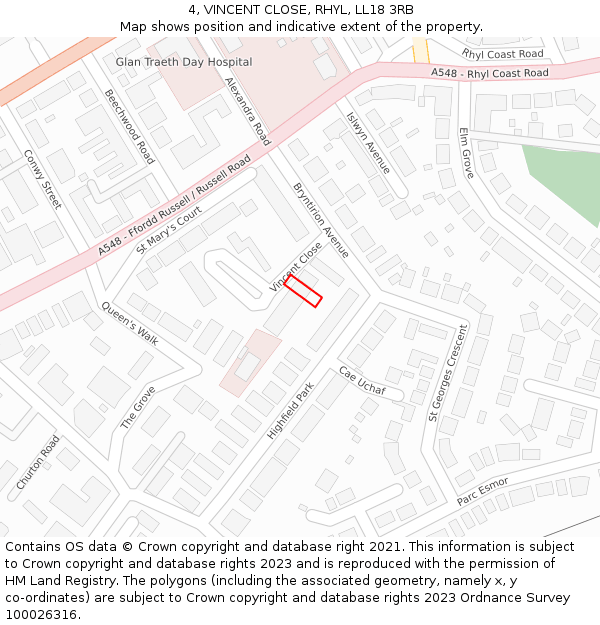 4, VINCENT CLOSE, RHYL, LL18 3RB: Location map and indicative extent of plot