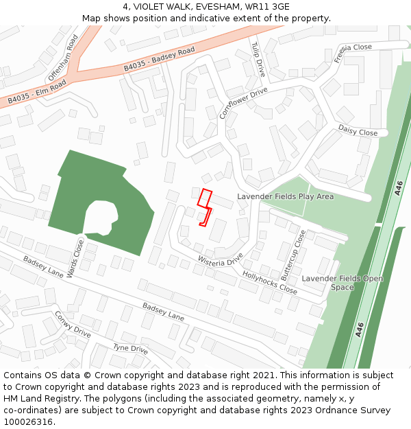 4, VIOLET WALK, EVESHAM, WR11 3GE: Location map and indicative extent of plot