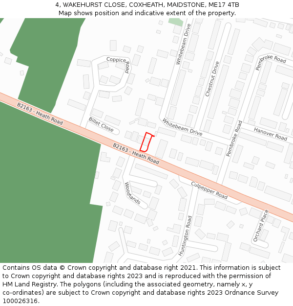 4, WAKEHURST CLOSE, COXHEATH, MAIDSTONE, ME17 4TB: Location map and indicative extent of plot
