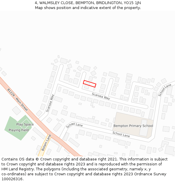 4, WALMSLEY CLOSE, BEMPTON, BRIDLINGTON, YO15 1JN: Location map and indicative extent of plot