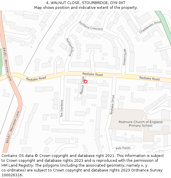 4, WALNUT CLOSE, STOURBRIDGE, DY9 0XT: Location map and indicative extent of plot