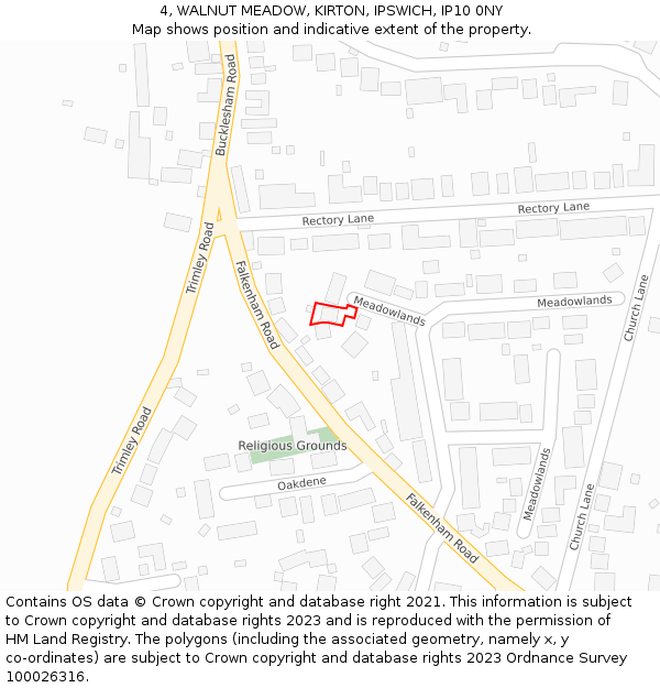 4, WALNUT MEADOW, KIRTON, IPSWICH, IP10 0NY: Location map and indicative extent of plot