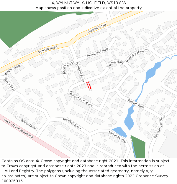 4, WALNUT WALK, LICHFIELD, WS13 8FA: Location map and indicative extent of plot