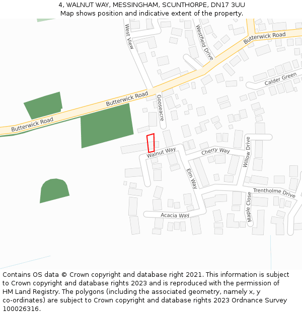 4, WALNUT WAY, MESSINGHAM, SCUNTHORPE, DN17 3UU: Location map and indicative extent of plot