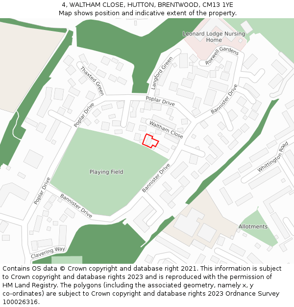 4, WALTHAM CLOSE, HUTTON, BRENTWOOD, CM13 1YE: Location map and indicative extent of plot